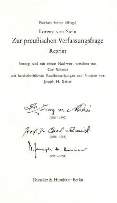 Zur preußischen Verfassungsfrage. Reprint. Hrsg. von Norbert Simon.