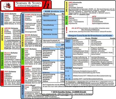 Schemata & Scores in Klinik & Rettungsdienst (2 Karten Set) - SSSS-Schema, ABCDE-Schema, Basics-Schema, IPAP-Schema, SAMPLER(!)S, WASB, FAST, OPQRST, PECH-Regel, DMS, 4Hs, HITS, GCS, KUSS, APGAR 