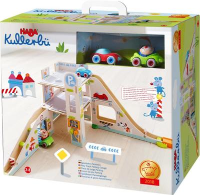 HABA 303828 Kullerbü  Spielbahn Parkhaus, Holzkugelbahn und Motorikspielzeug mit Waschstraße, Hebebühne und Tankstelle, Mehrfarbig