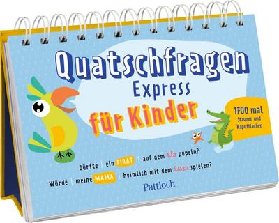 Quatschfragen-Express für Kinder: 1700 mal Staunen und Kaputtlachen | Zufallsgenerator mit lustig-absurden Fragen. Spiralaufsteller mit dreigeteilten Seiten.