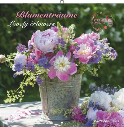 Alpha Edition - Blumenträume 2026 Broschürenkalender, 30x30cm, Wandkalender mit Platz für Notizen und Termine, hochwertige Bildmotive, Mondphasen, Monatsübersicht und Ferientermine DE/AT/CH