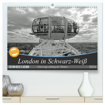 London in Schwarz-Weiß (hochwertiger Premium Wandkalender 2024 DIN A2 quer), Kunstdruck in Hochglanz
