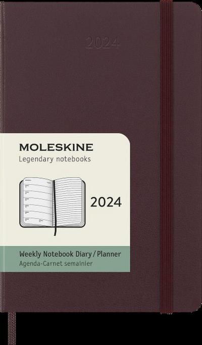 Moleskine 12 Monate Wochen Notizkalender 2024, Pocket/A6, 1 Wo = 1 Seite, Rechts Linierte Seite, Fester Einband, Burgundrot