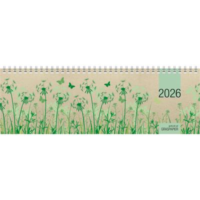 Tischquerkalender Graspapier 2026 - 32x10,5 cm - 1 Woche auf 2 Seiten - nachhaltiger Bürokalender - Stundeneinteilung 8 - 20 Uhr - 159-0640